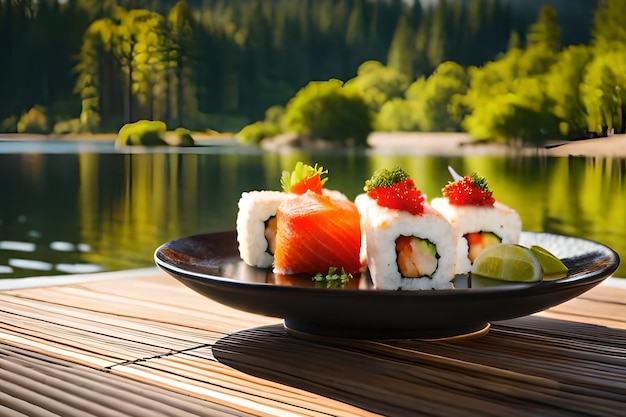 Sushi auf einem Teller auf einem Tisch mit einem See im Hintergrund
