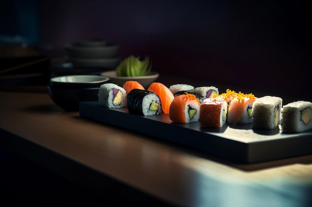 Sushi auf einem Teller in einem dunklen Hintergrund