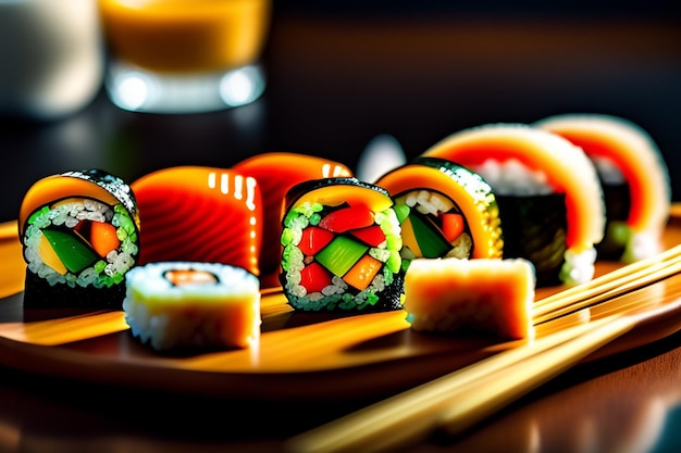 Sushi auf einem Teller mit einem Glas Orangensaft