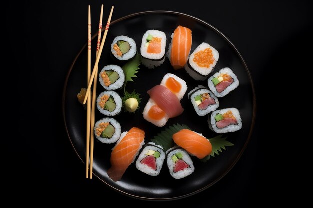 Sushi auf einem Teller mit Stäbchen