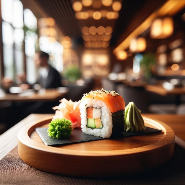Foto sushi auf einem teller und essstäbchen japanischer lebensmittelhintergrund