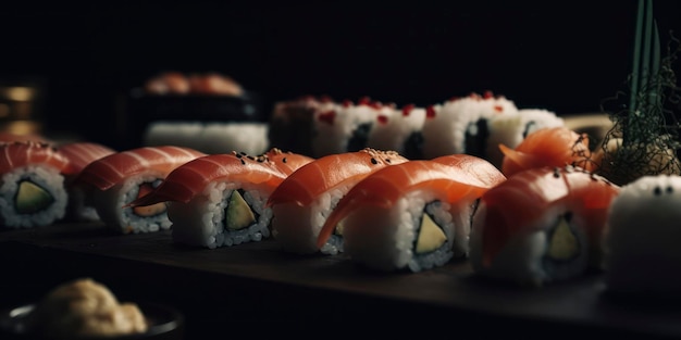 Sushi auf einem Tisch in einem dunklen Raum