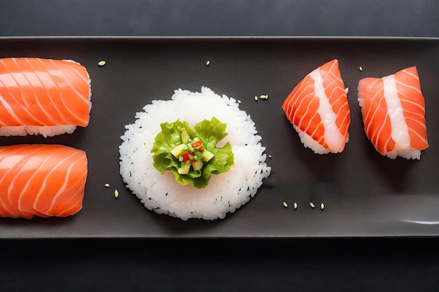 Sushi auf schwarzem Teller, Luftbild, generativ