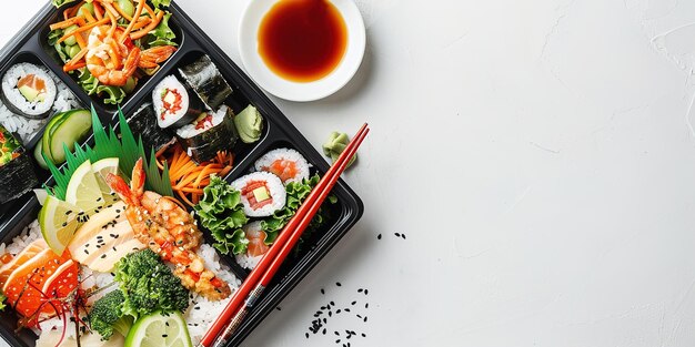 Sushi-Bento-Box mit verschiedenen Optionen und Dipping-Sauce