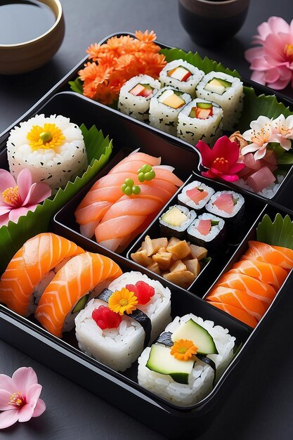 Sushi Bento elegante com guarnição de flores