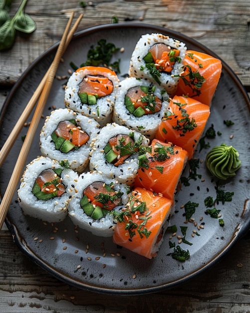 sushi blanco con verduras en un plato negro y gris en el estilo de rojo claro y esmeralda oscura generativa AI