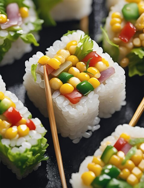 Sushi de California en un fondo blanco con salsa de wasabi voladora, salmón, aguacate y palillos negros