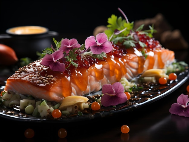 Sushi y camarones de ajo fritos en un plato de piedra con fondo negro