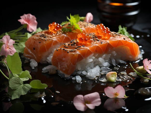 Sushi y camarones de ajo fritos en un plato de piedra con fondo negro