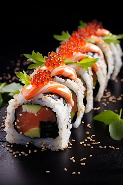 Foto sushi con caviar rojo y salmón sobre un fondo oscuro