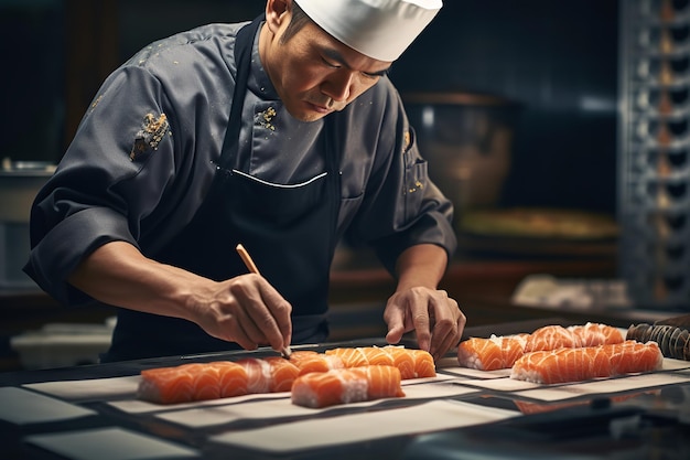 Sushi-Chef, der mit Präzision und Fachwissen Rollen herstellt