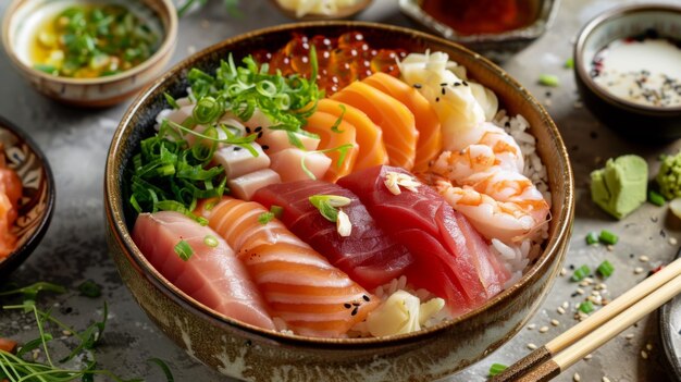 Foto sushi chirashi recém-preparado coberto com uma variedade de sashimi e arroz sushi