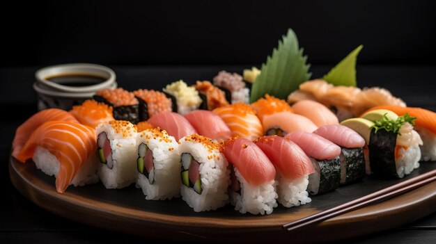 Sushi colocado em um prato com fundo escuro