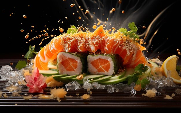 Sushi com Legumes Voadores e Carnequot IA Gerativa