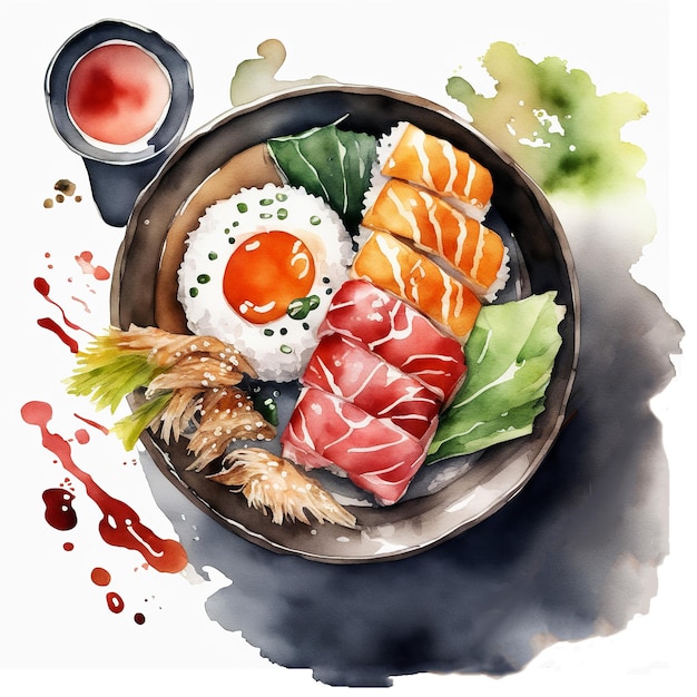 Sushi com molho de soja e ovo aquarela pintado à mão ilustração isolada sobre fundo branco