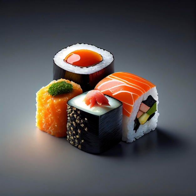 sushi comida japonesa en el tablero de madera 3D realista, exhibición de productos para fotografía de alimentos