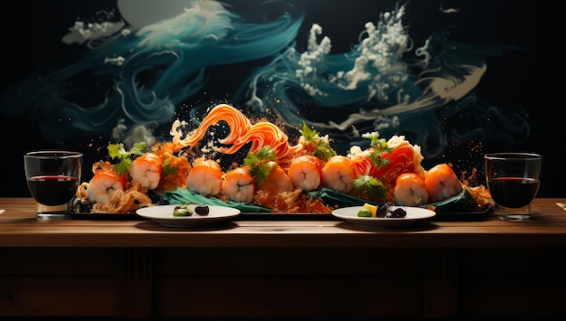 Sushi crudo comida deliciosa Rollo de suhi tradicional japonés IA generativa