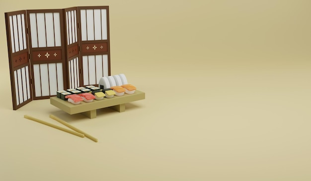 Sushi de renderização 3D na bandeja de sushi em fundo amarelo ilustração 3D comida japonesa e espaço de cópia