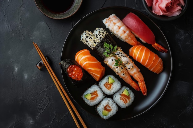 Sushi definido em um fundo preto vista de cima comida japonesa Sushi definida em um prato preto em um fundo negro vista de cima Ai Gerado