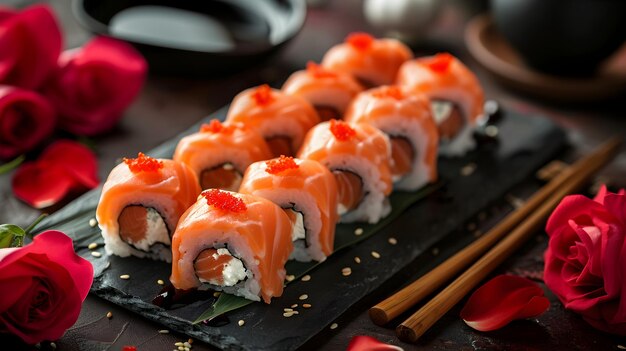 Sushi del día de San Valentín Rolos de sushi clásicos Cena de citas de Filadelfia Flores de rosa en fondo oscuro