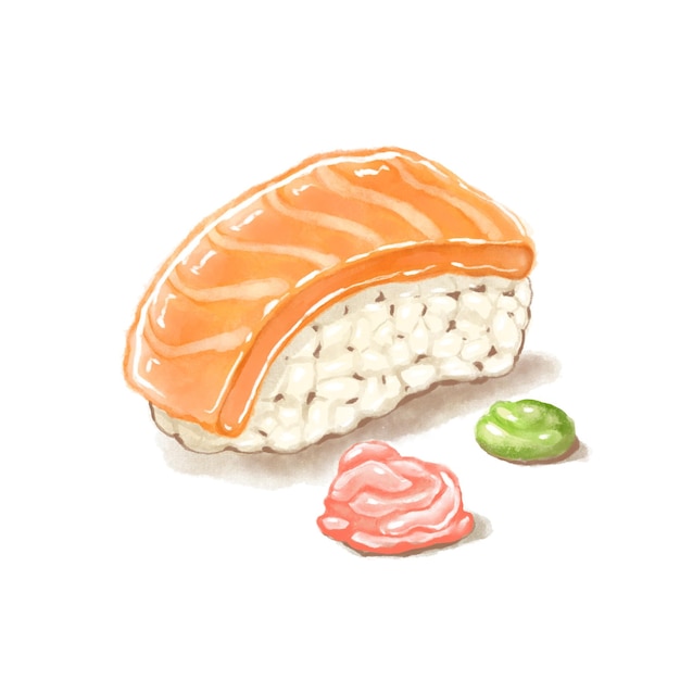 Sushi dibujando a mano el color del agua El estilo del salmón Ilustración de fondo aislado