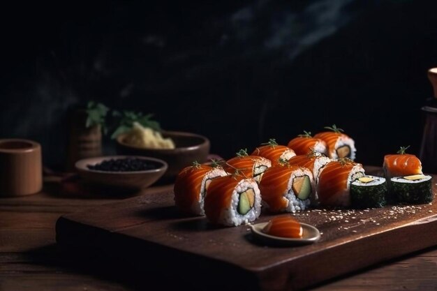 Sushi e pãezinhos em uma tábua de madeira fechamento de sushi e pãezinhos generative ai