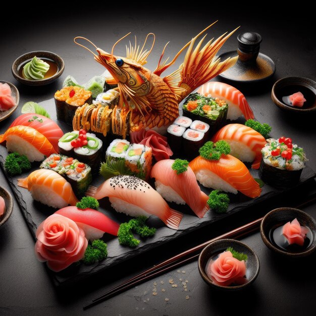 Sushi e pauzinhos de comida de fundo