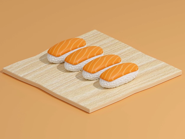 sushi e rolos em uma tábua de madeira com pauzinhos japoneses em renderização 3d de fundo