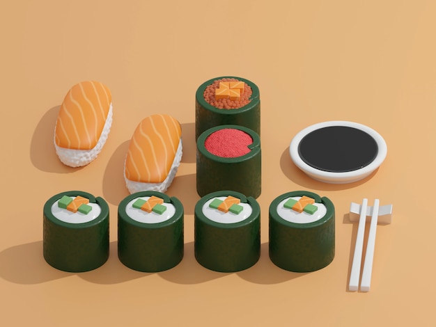 sushi e rolos em uma tábua de madeira com pauzinhos japoneses em renderização 3d de fundo