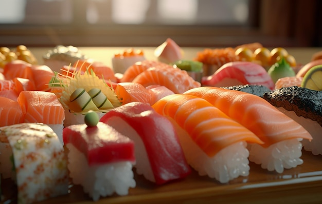 Sushi e sashimi com salmão em uma mesa de madeira em um restaurante japonês