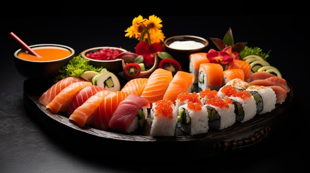 Sushi Elegance Arranjo de prato de sushi requintado em fundo escuro elegante