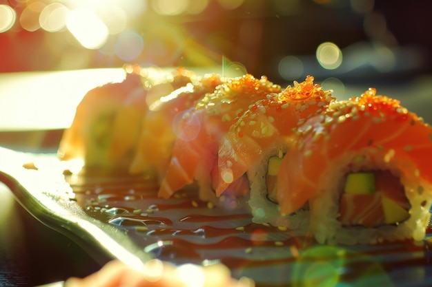 Sushi elegante con huevos y sésamo en un plato moderno iluminado por una suave luz ambiental
