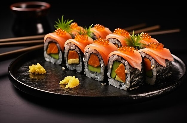 Sushi elegante puesto en pizarra oscura