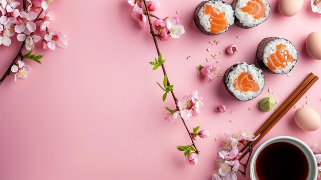 sushi em mesa rosa com flores de primavera sushi para a Páscoa fundo com espaço de cópia