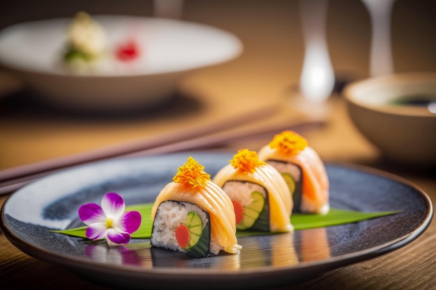 Sushi em um prato com uma flor ao lado