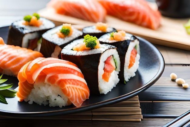 Sushi em um prato com uma tábua de madeira atrás