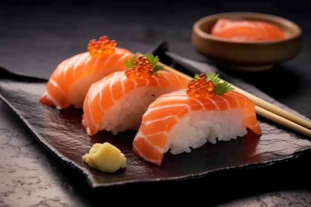 Sushi em um prato com uma tigela de manteiga