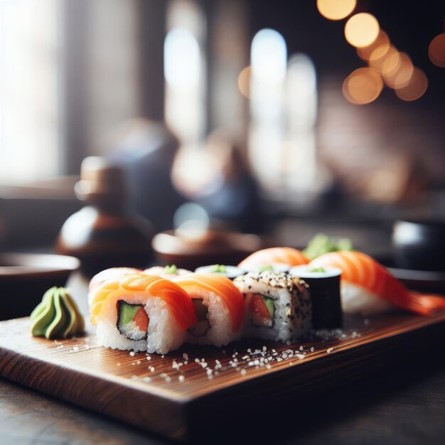 sushi em um prato e pauzinhos fundo de comida japonesa