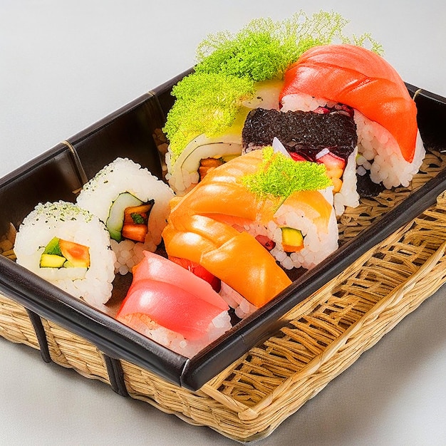 Sushi em uma cesta de vime preta imagem de fundo branco download