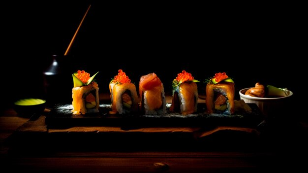 Sushi em uma mesa em um quarto escuro