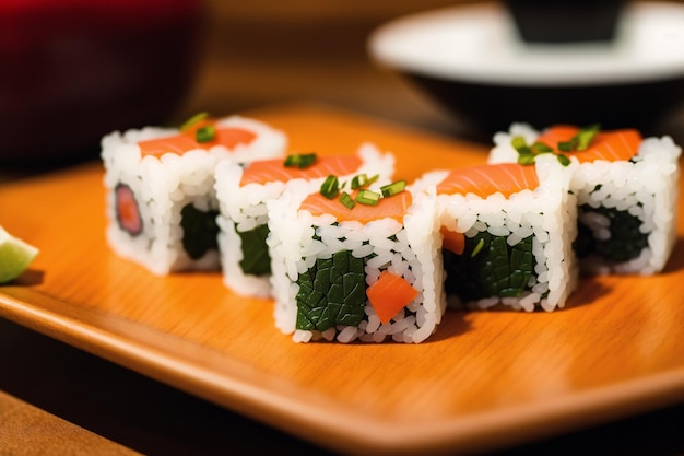 Sushi em uma placa de madeira com uma placa vermelha e uma placa com a palavra sushi