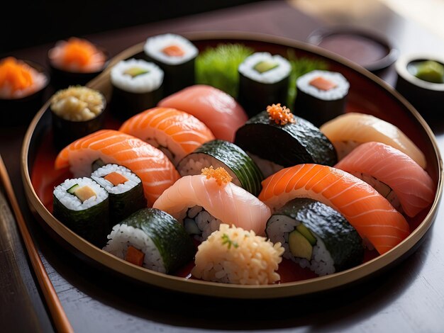 Sushi expuesto en una tradicional bandeja de laca japonesa