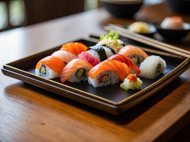 Sushi expuesto en una tradicional bandeja de laca japonesa