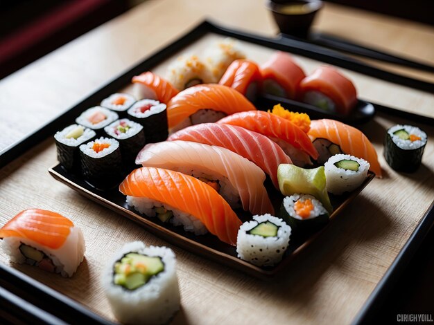 Foto sushi expuesto en una tradicional bandeja de laca japonesa