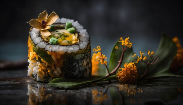 Un sushi con una flor encima.