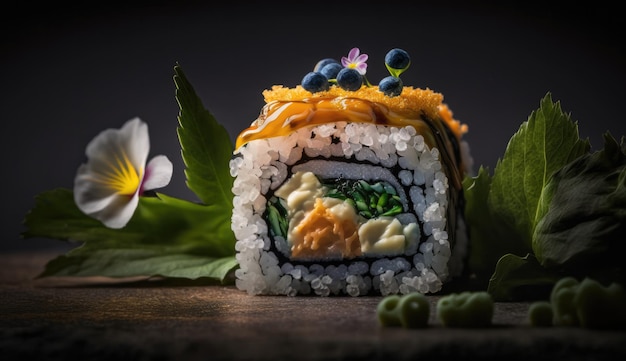 Un sushi y una flor en una mesa.