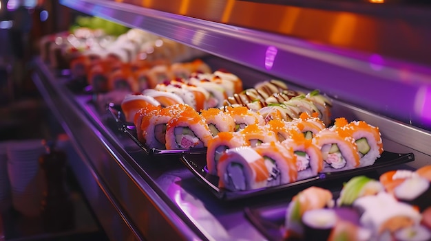 Sushi fresco e delicioso em exposição em um restaurante
