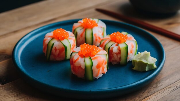 Sushi gunkans con caviar rojo y pepino con wasabi y jengibre en un plato