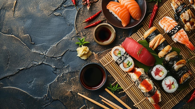 Sushi japonês e sashimi assortimento flat lay