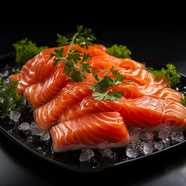 Sushi japonés de salmón con guarnición de hojas de cilantro en un plato AI generativo